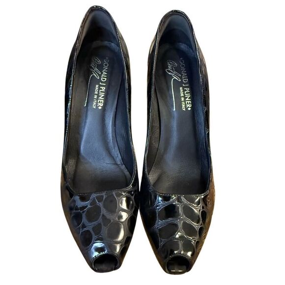 Donald J. Pliner Patent Croc Gator Heel Peep Toe Sz. 7 Classic Italy - Picture 1 of 9